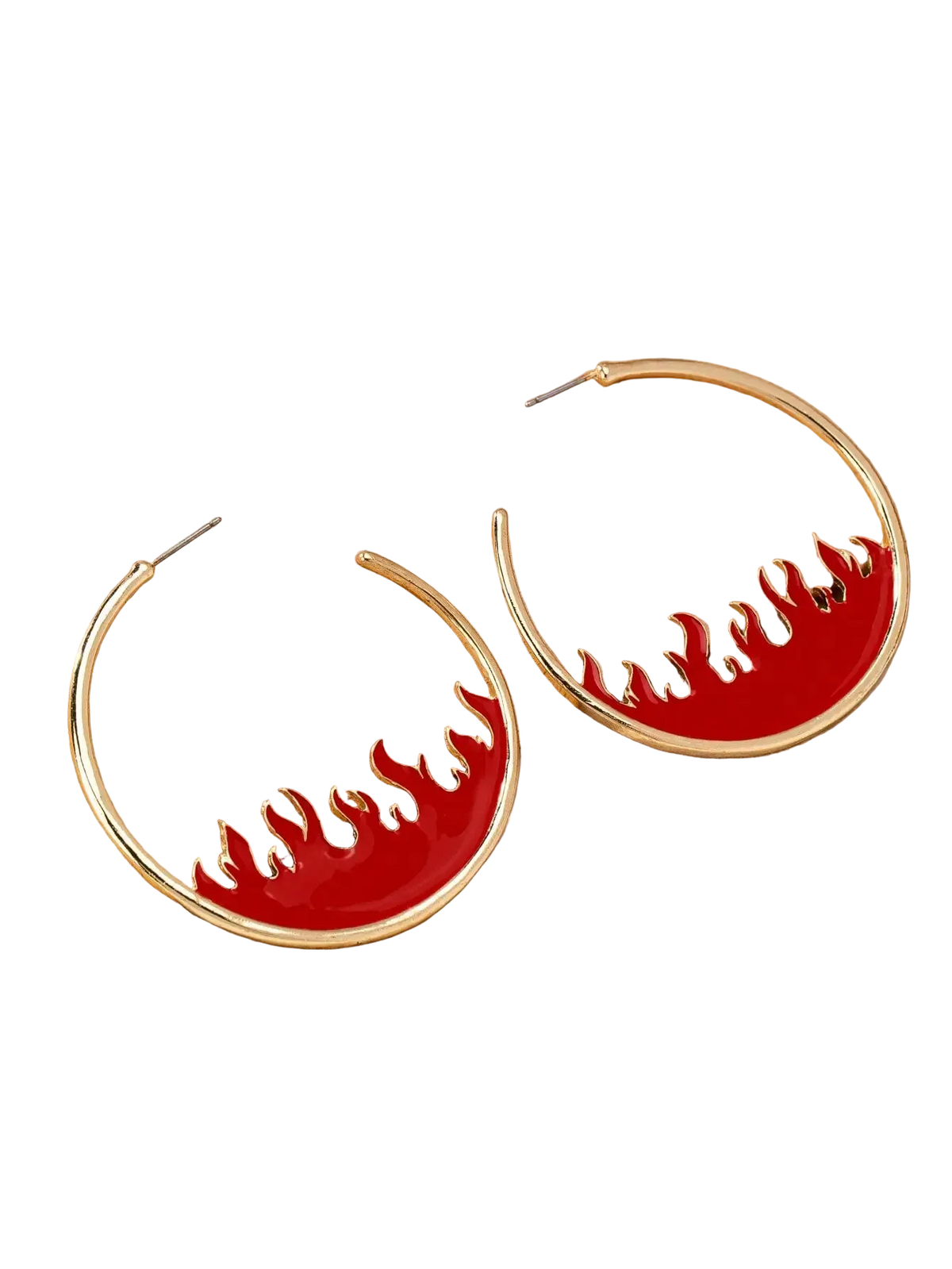 Gold hoop earrings with a red enamel lower half featuring cutout flame shapes, displayed on a wooden block over a cream satin fabric background.