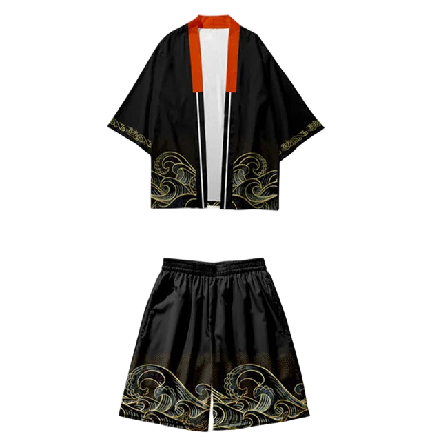 Traditional black kimono with gold embroidery on a white background