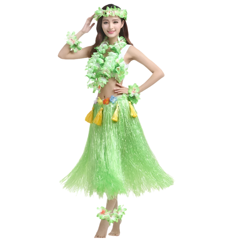 colorful hula outfits. Each ensemble includes a vibrant floral top, matching lei, and a grass skirt in pink, yellow, red, and blue, with floral headpieces and bracelets.