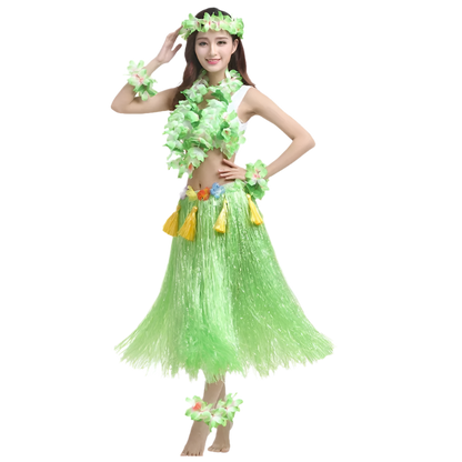 colorful hula outfits. Each ensemble includes a vibrant floral top, matching lei, and a grass skirt in pink, yellow, red, and blue, with floral headpieces and bracelets.