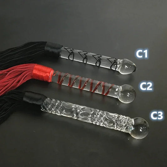 Crystal Dildo, Leather Flogger, Glass Penis with Whip