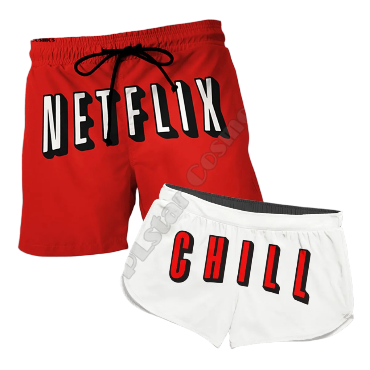 Couples Matching Netflix & Chill Beach Shorts featuring playful design, perfect for adult resort theme nights