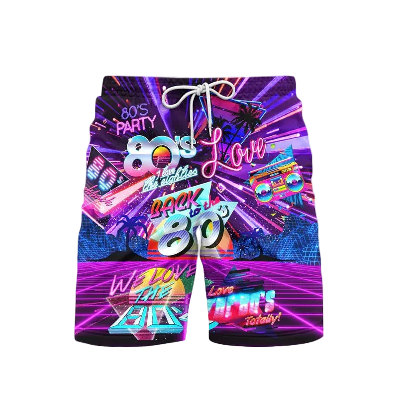 Colorful 80s-themed shorts with neon graphics on a white background