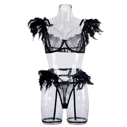 Black lace lingerie set with feathered shoulder and hip details, displayed on a transparent mannequin against a white background.