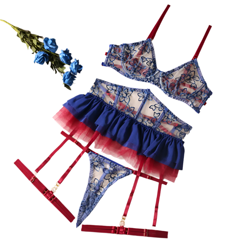 Lingerie set with red white blue  and black tutu-style skirt,