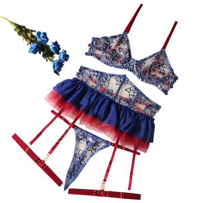 Lingerie set with red white blue  and black tutu-style skirt,