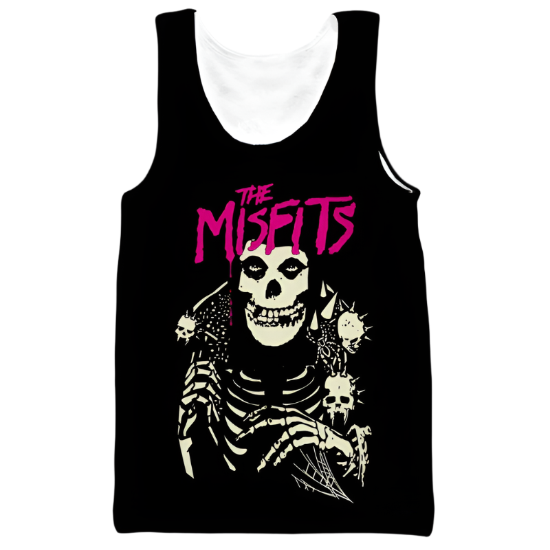 Black tank top with skeleton design and 'The Misfits' text on a white background