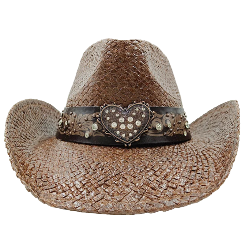 Brown straw cowboy hat with decorative heart band on a white background