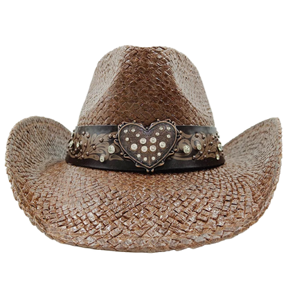 Brown straw cowboy hat with decorative heart band on a white background