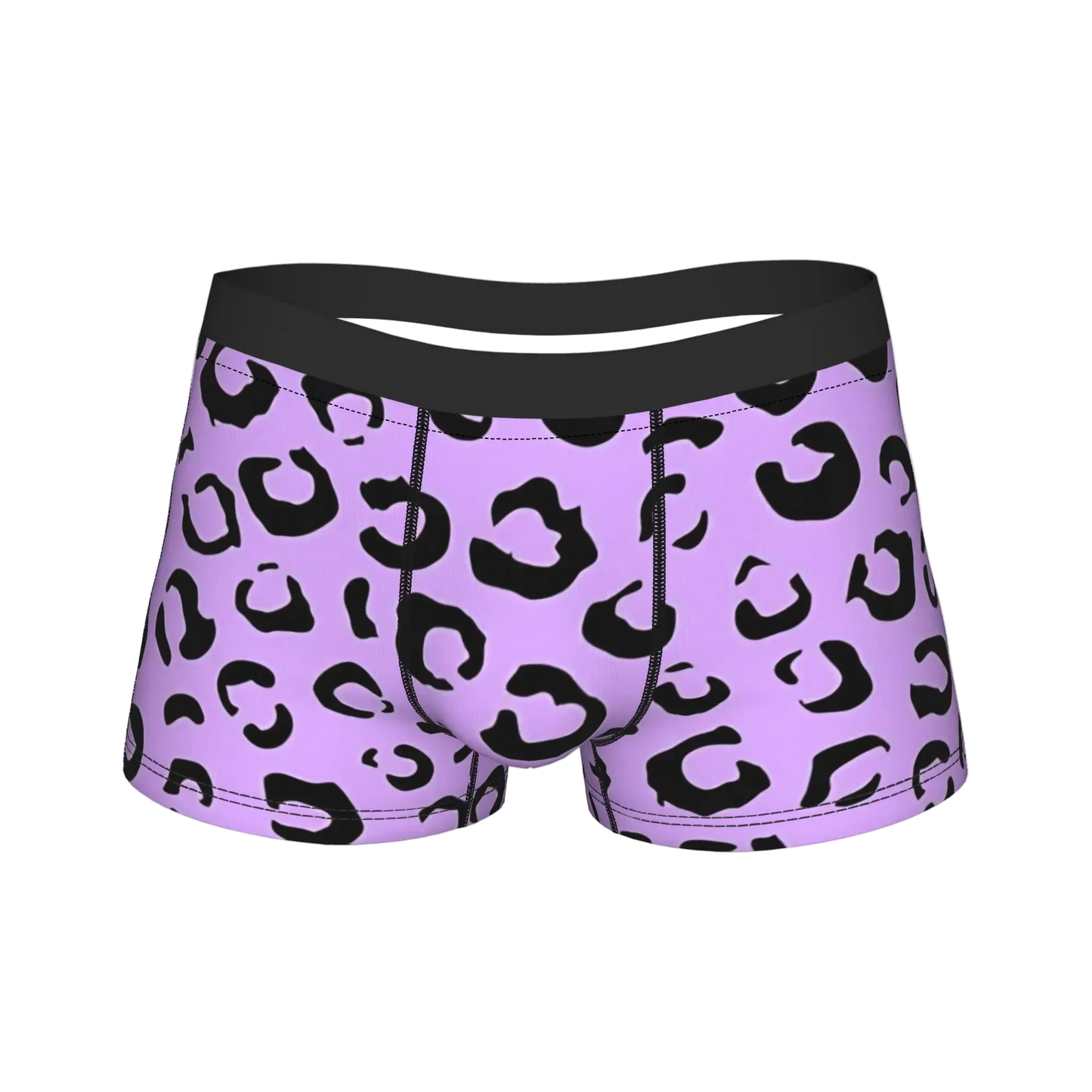 A pair of men's boxer briefs featuring a black leopard print pattern on a light purple/lavender background, with a solid black waistband.
