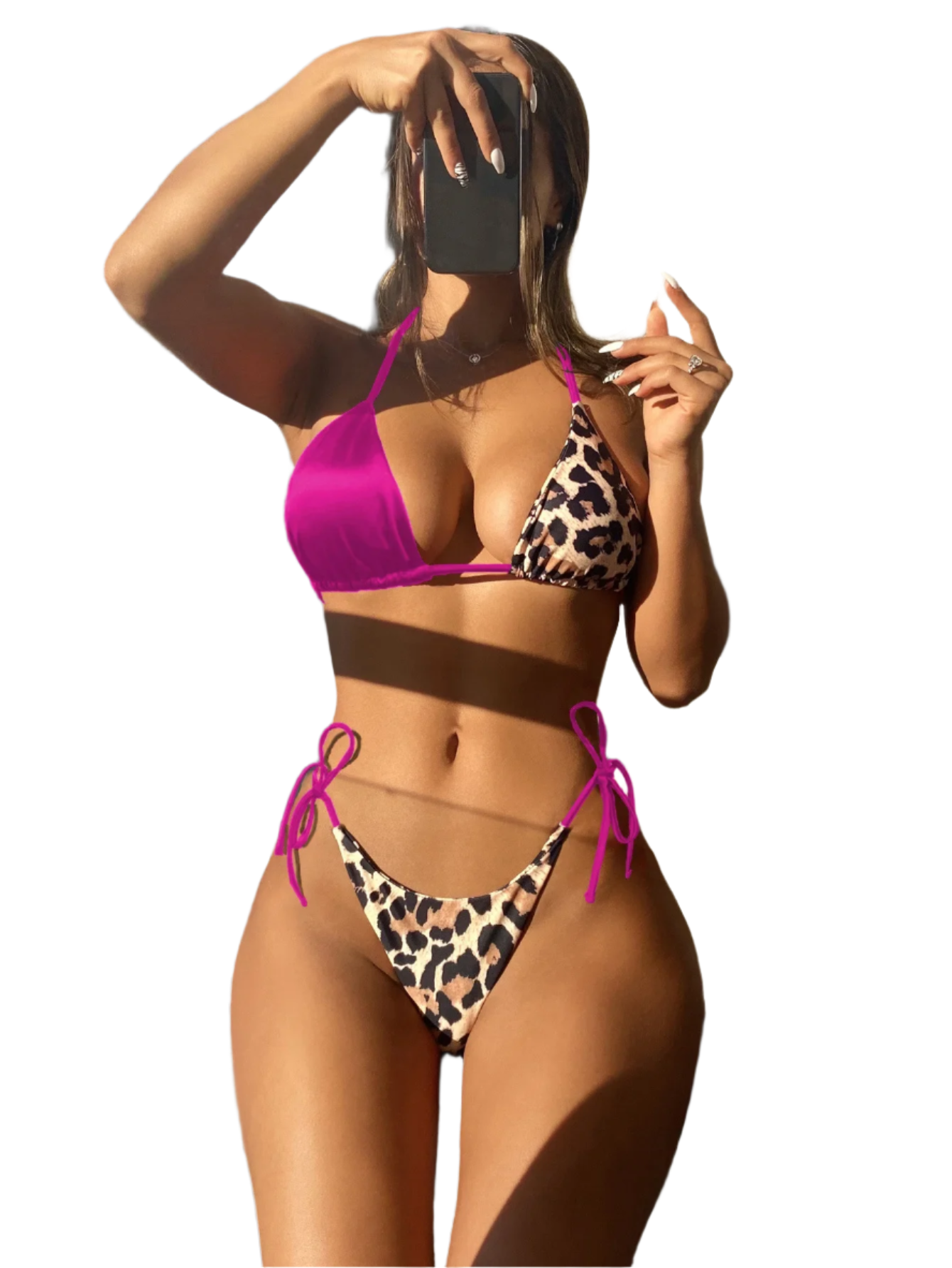 pink and Leopard Bikini: A trendy bikini with a mix of solid pink and leopard print, featuring a triangle top and tie-side bottoms for a stylish beach look.