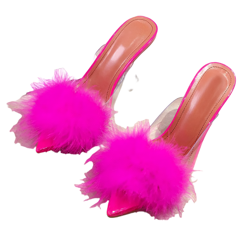 fluffy transparent PVC slippers with spike heels and pointed toe design for resort parties