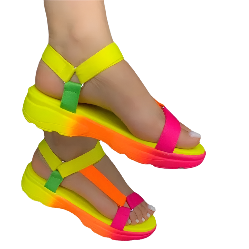 Neon colorful sandals on a white background