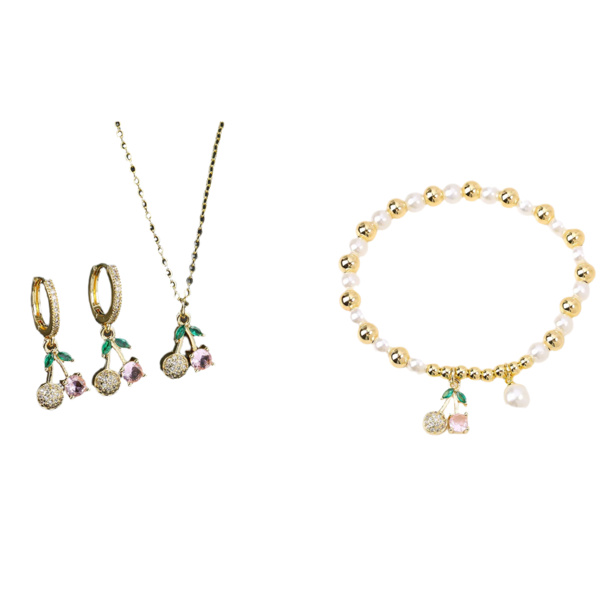 Jewelry set with cherry-themed earrings, necklace, and bracelet on a black and white background.