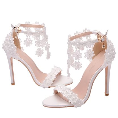 Ankle Strap Sandals | Elegant White Lace Flower Design