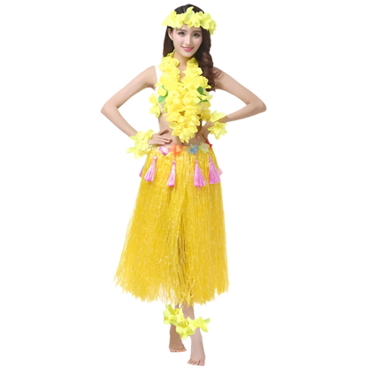 colorful hula outfits. Each ensemble includes a vibrant floral top, matching lei, and a grass skirt in pink, yellow, red, and blue, with floral headpieces and bracelets.