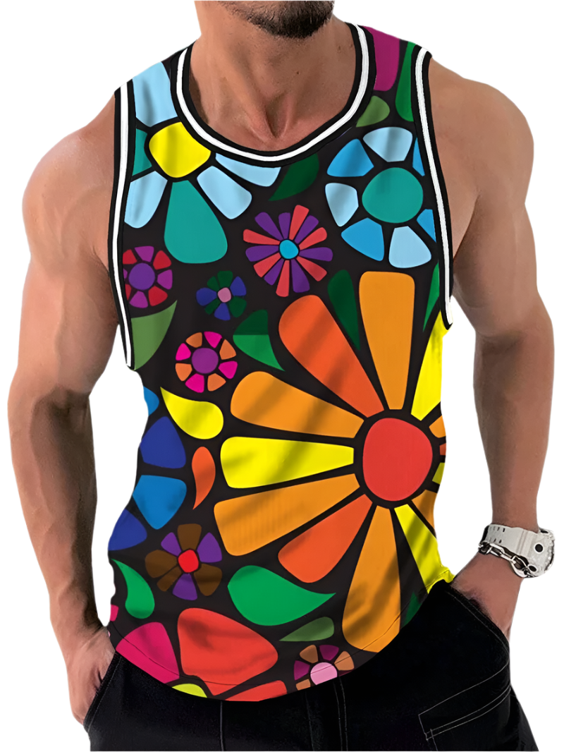 Vintage rainbow flowers 3D print tank top with unisex Y2K vacation party oversized sleeveless T-shirt vest design for resort entertainment