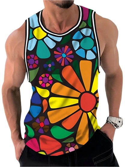 Vintage rainbow flowers 3D print tank top with unisex Y2K vacation party oversized sleeveless T-shirt vest design for resort entertainment