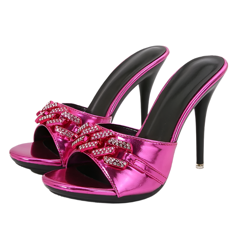 Rhinestone chain fashion stiletto slippers with 10CM heels perfect for 2025 summer outdoor resort wear and theme nights
