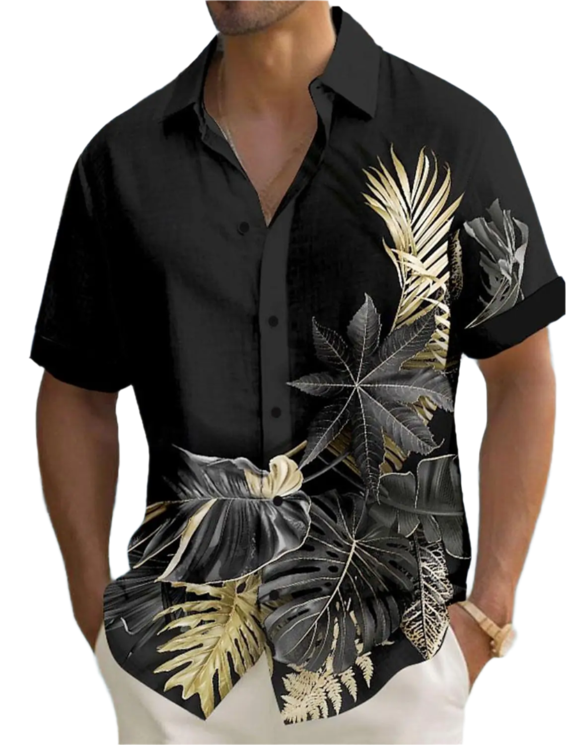 Man wearing a black short-sleeve shirt with tropical leaf patterns by a poolside.