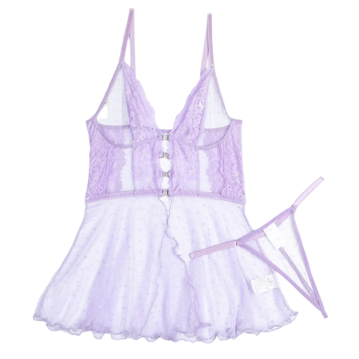 Lavender lace babydoll dress with white petticoat on a white background