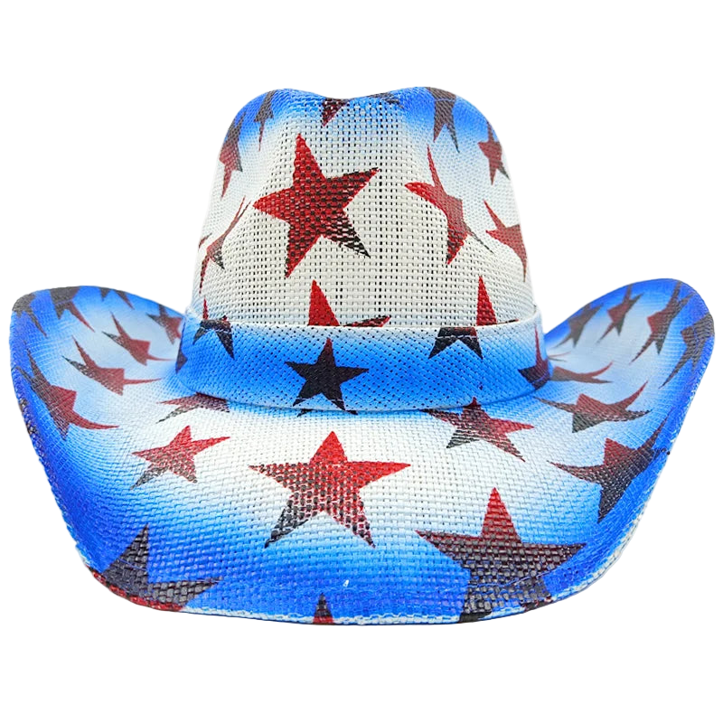 Cowboy hat with red and blue star pattern on a white background