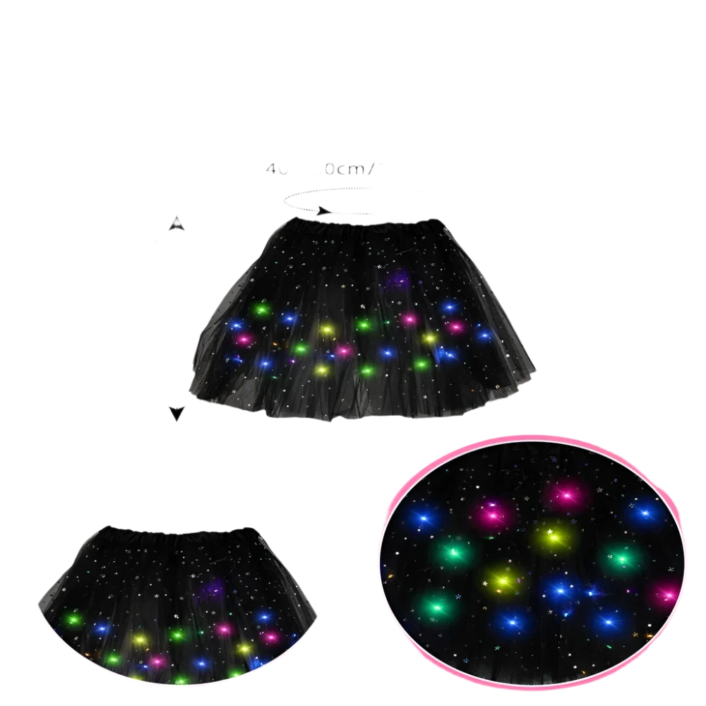 LED Light-Up Skirt: A black skirt featuring colorful LED lights embedded within, creating a twinkling effect with various colors like pink, green, and blue.

