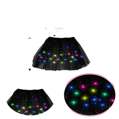 LED Light-Up Skirt: A black skirt featuring colorful LED lights embedded within, creating a twinkling effect with various colors like pink, green, and blue.

