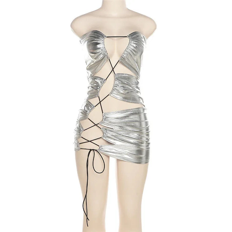 Sexy Night Club Party Bodycon Mini Dresses Women Y2K Metallic Sliver Hollow Out Lace Up Strapless Off Shoulder Bandage Dress