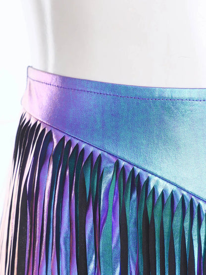 Women Iridescent Metallic Hot Pants with Fringed High Waist Tassel Skirted Shorts Cheeky Shorts Stage Dance Jazz Rock Clubwear