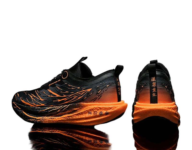 Black and orange running shoes on a reflective surface with promotional text overlay.