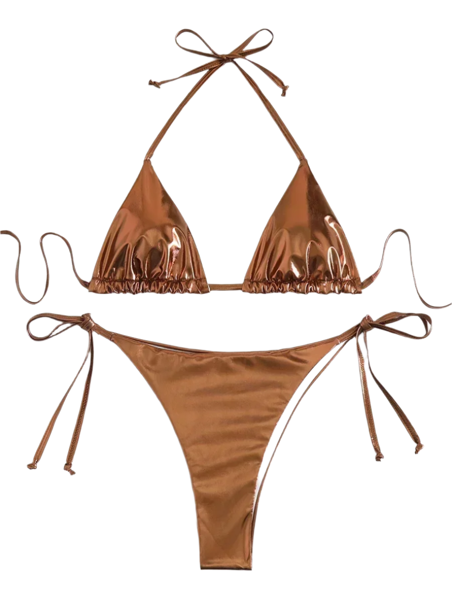 A shiny, iridescent bikini in shades of brown. It features a classic triangle top and tie-side bottoms, creating a vibrant and eye-catching beachwear style.