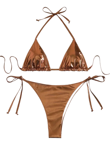 A shiny, iridescent bikini in shades of brown. It features a classic triangle top and tie-side bottoms, creating a vibrant and eye-catching beachwear style.