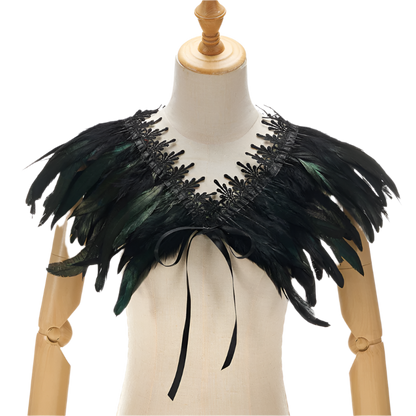  Feather Shoulder Piece: A vibrant feather shoulder piece displayed on a mannequin, with black accents and a striking, textured design.