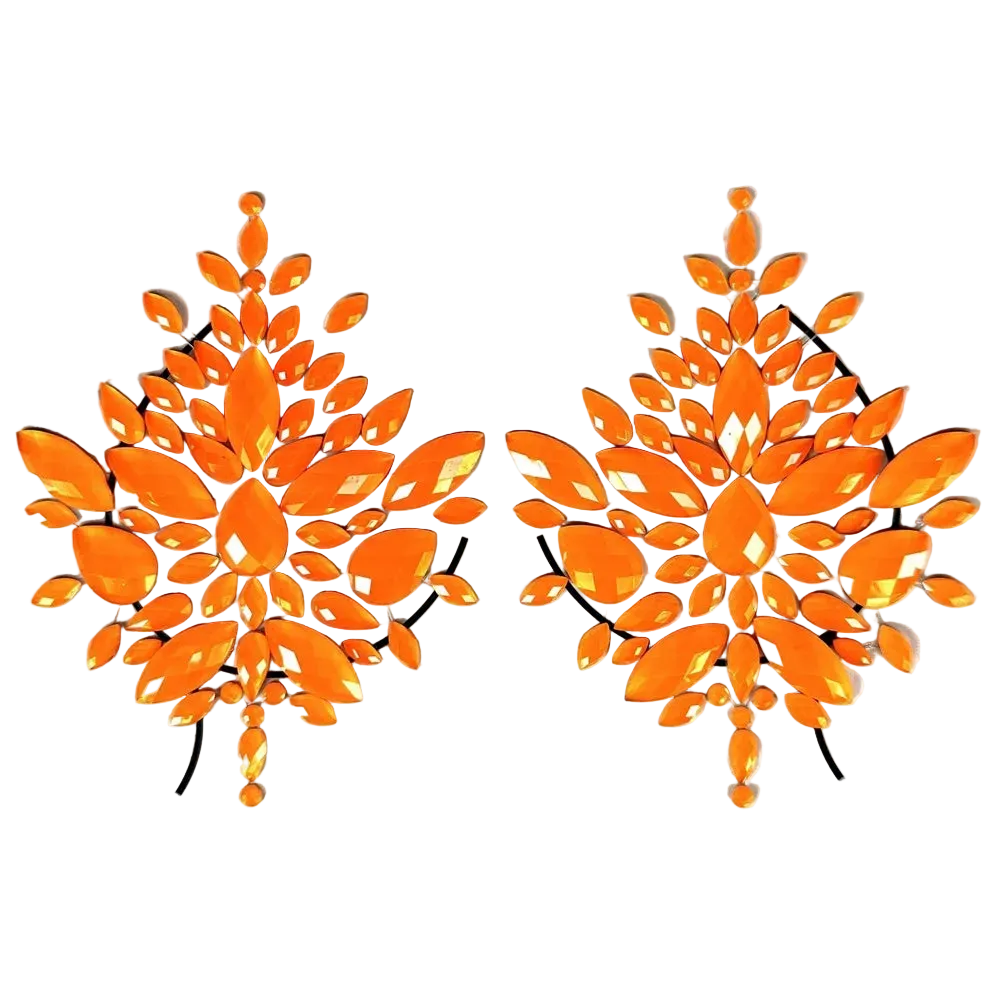 Pair of orange floral earrings on a white background