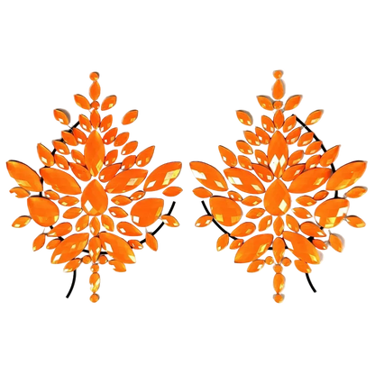 Pair of orange floral earrings on a white background