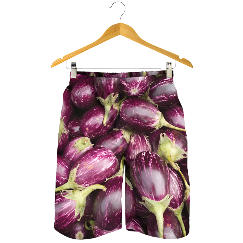 Cheeky Eggplant 3D Print Beach Shorts featuring playful design, perfect for adult resort theme nights