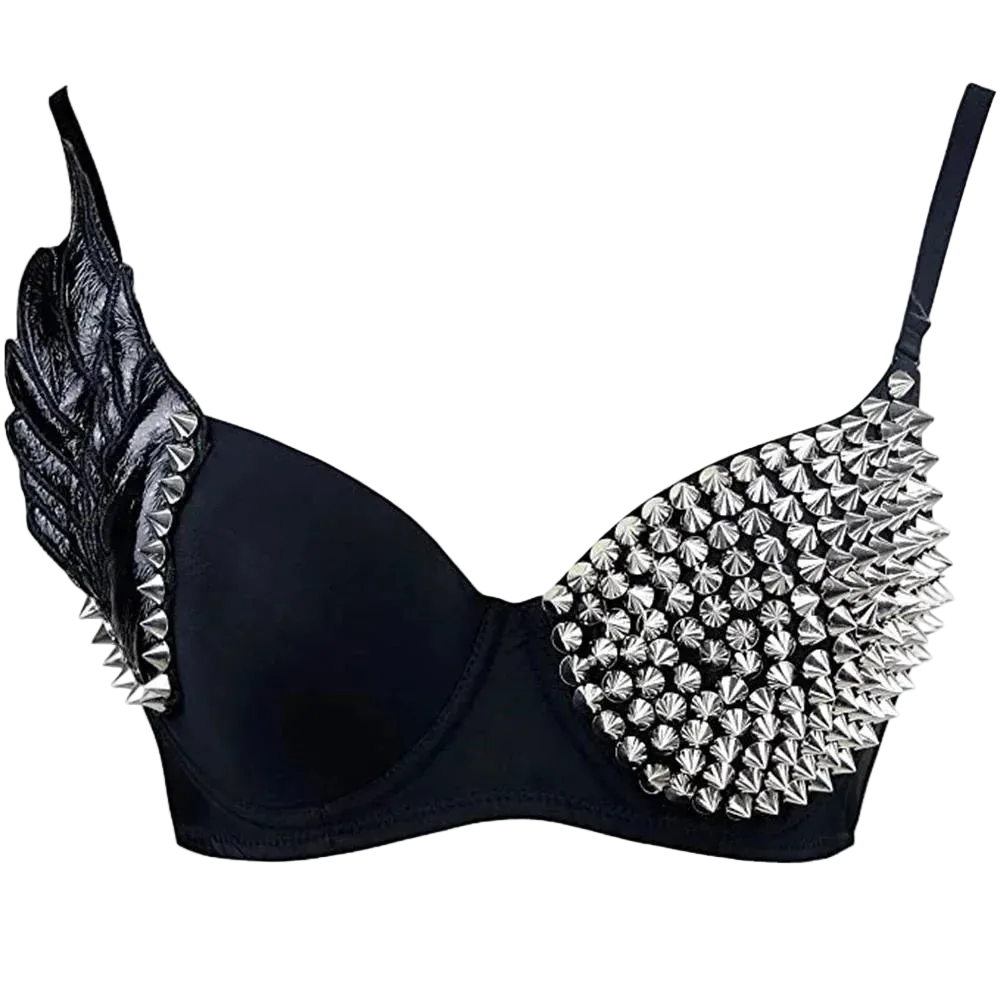 Black bra with metallic silver spiked wing details on the cups, shown against a plain white background.
