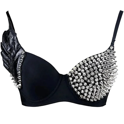 Black bra with metallic silver spiked wing details on the cups, shown against a plain white background.