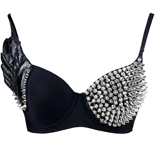 Black bra with metallic silver spiked wing details on the cups, shown against a plain white background.