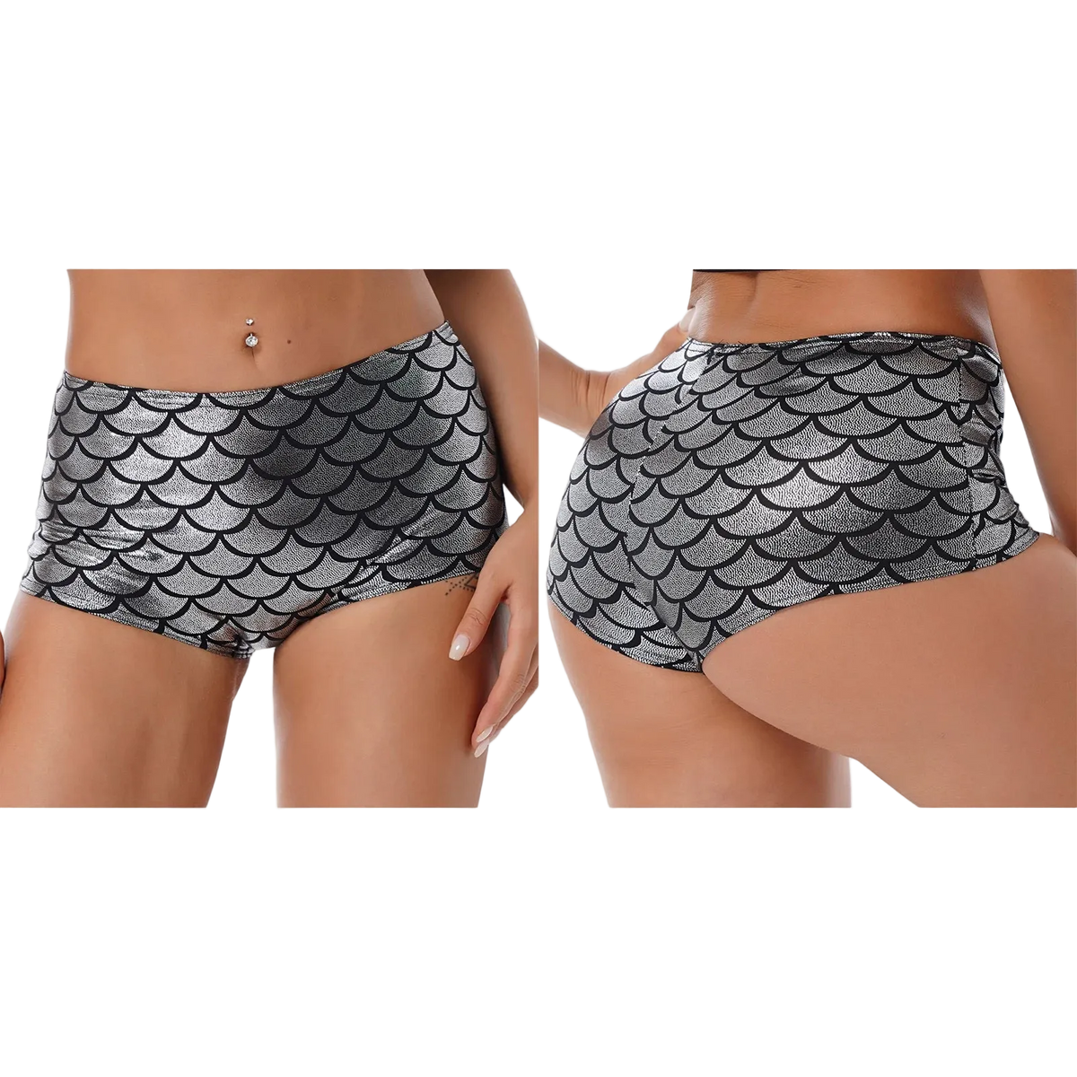 A side-by-side view of a model wearing high-waisted silver and black scale-patterned bikini bottoms, showing both the front and back angles against a plain white background.