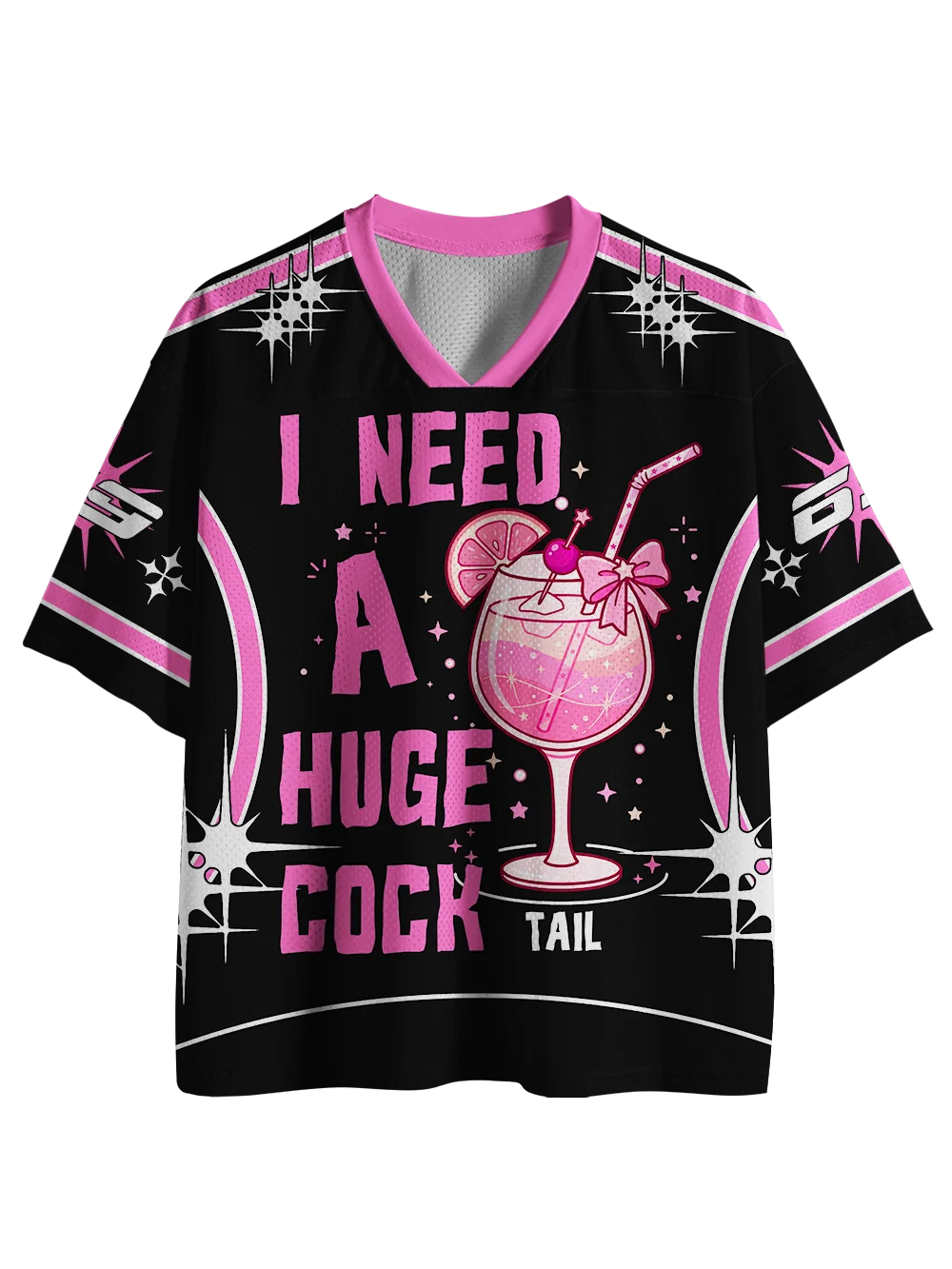 A black short-sleeve V-neck t-shirt with a pink and white graphic print. The design features a pink cocktail illustration in the center, surrounded by the text 'I NEED A HUGE COCK TAIL' in bold pink lettering, with sparkles and star accents.