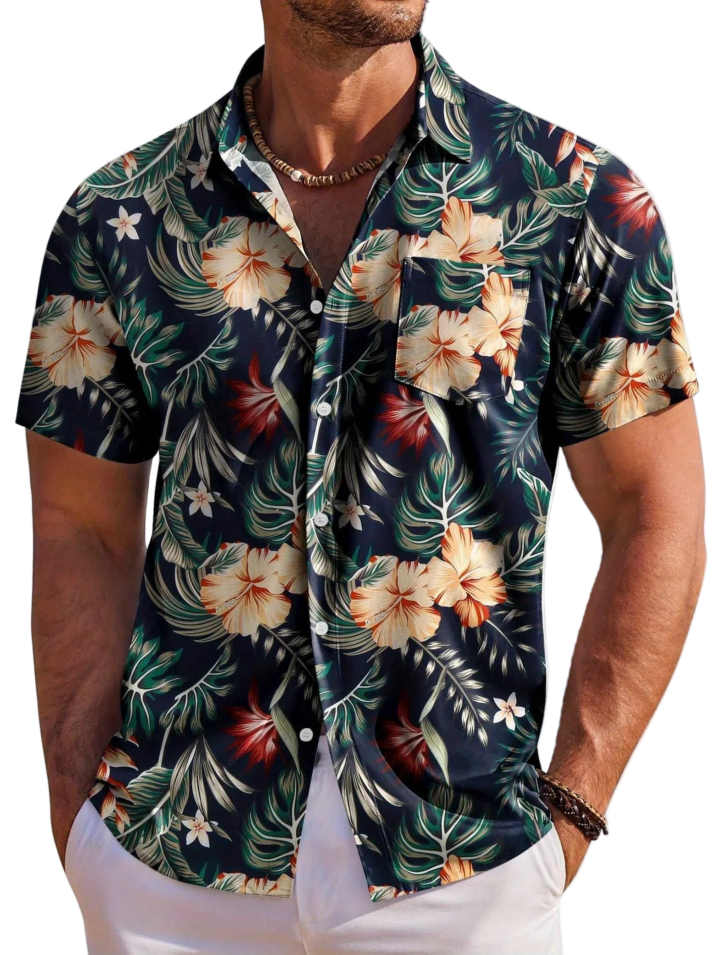 Man wearing a tropical floral shirt with a white background