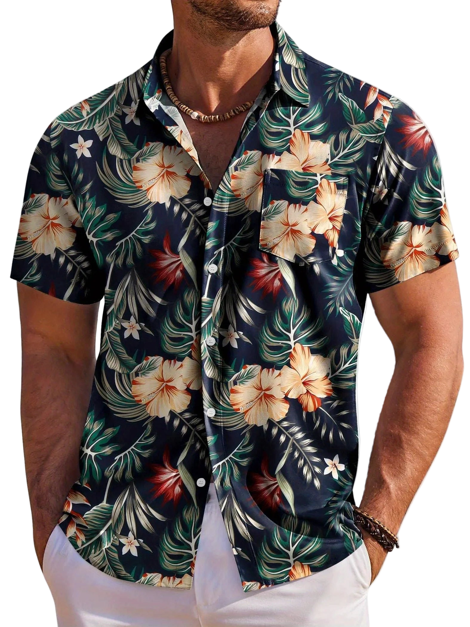 Man wearing a tropical floral shirt with a white background