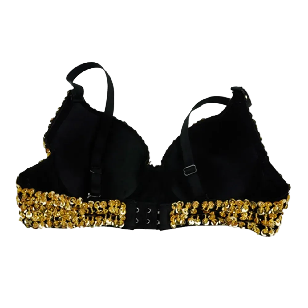 A black bra with gold sequined trim along the underband, shown against a plain white background.