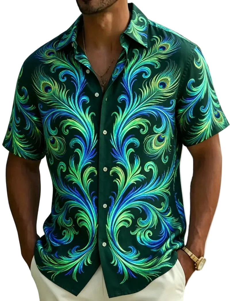 A man wearing a short-sleeve button-up shirt with a vibrant green, blue, and teal peacock feather pattern, photographed on a beach with palm leaves in the background.