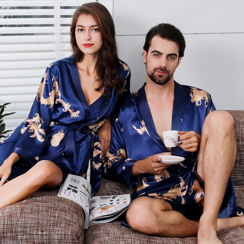 Big Size 2PCS Kimono Bathrobe Gown Couple Sleepwear Home Wear Print Satin Nightgown Women Slip Nighty Dress Men Robe Loungewear