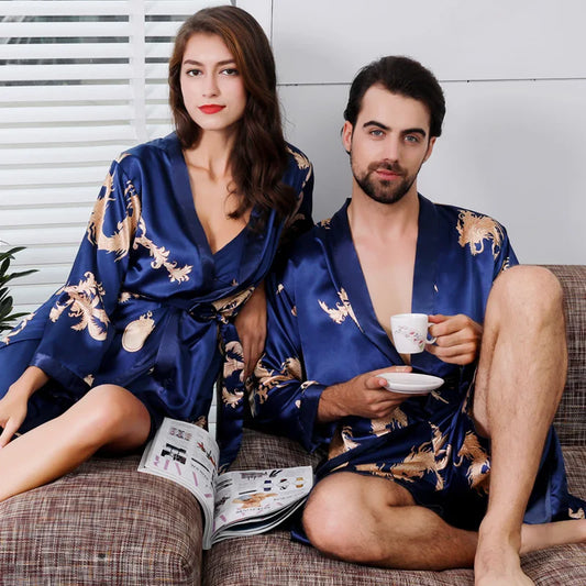 Big Size 2PCS Kimono Bathrobe Gown Couple Sleepwear Home Wear Print Satin Nightgown Women Slip Nighty Dress Men Robe Loungewear