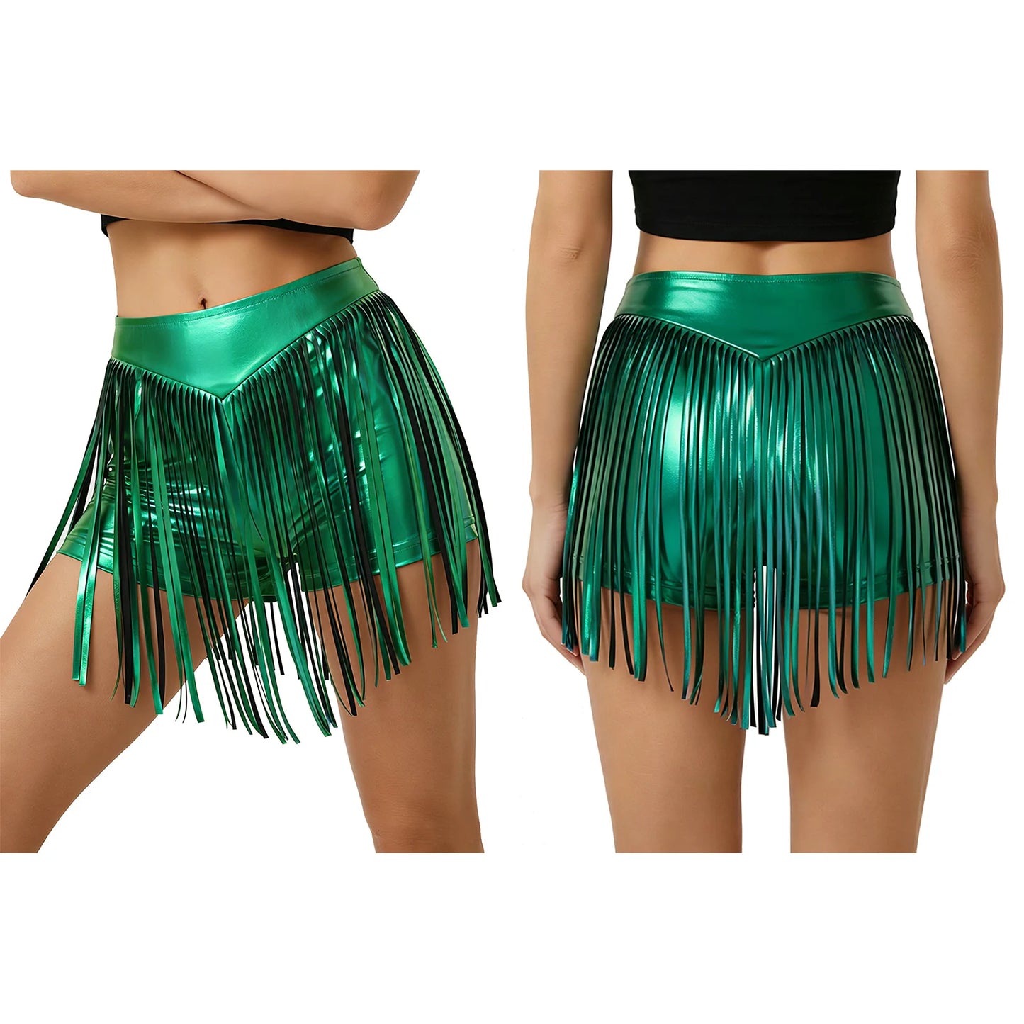 Women Iridescent Metallic Hot Pants with Fringed High Waist Tassel Skirted Shorts Cheeky Shorts Stage Dance Jazz Rock Clubwear