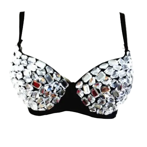 A black underwire bra heavily embellished with large, clear rhinestones and crystals on the cups, shown against a plain white background.